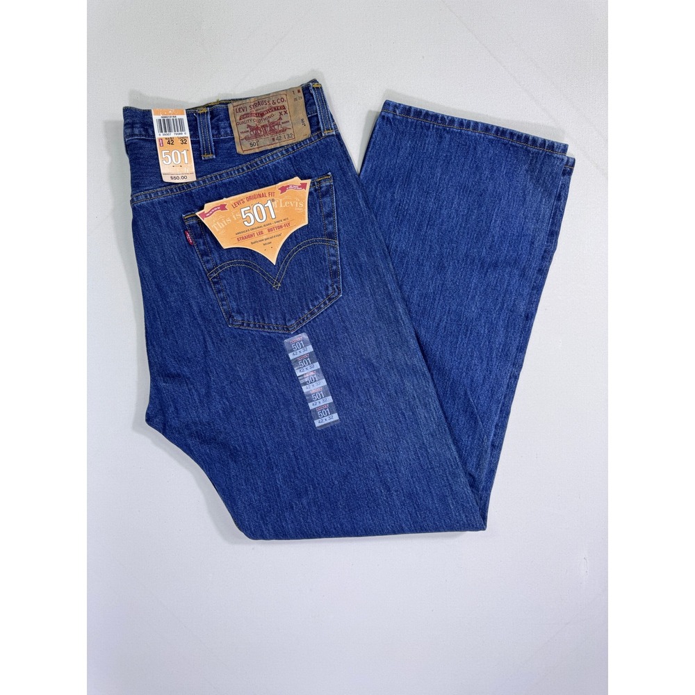 Levis 501 Original Fit Jeans Mens 42x32 Medium Wash Blue Denim Button Fly NEW